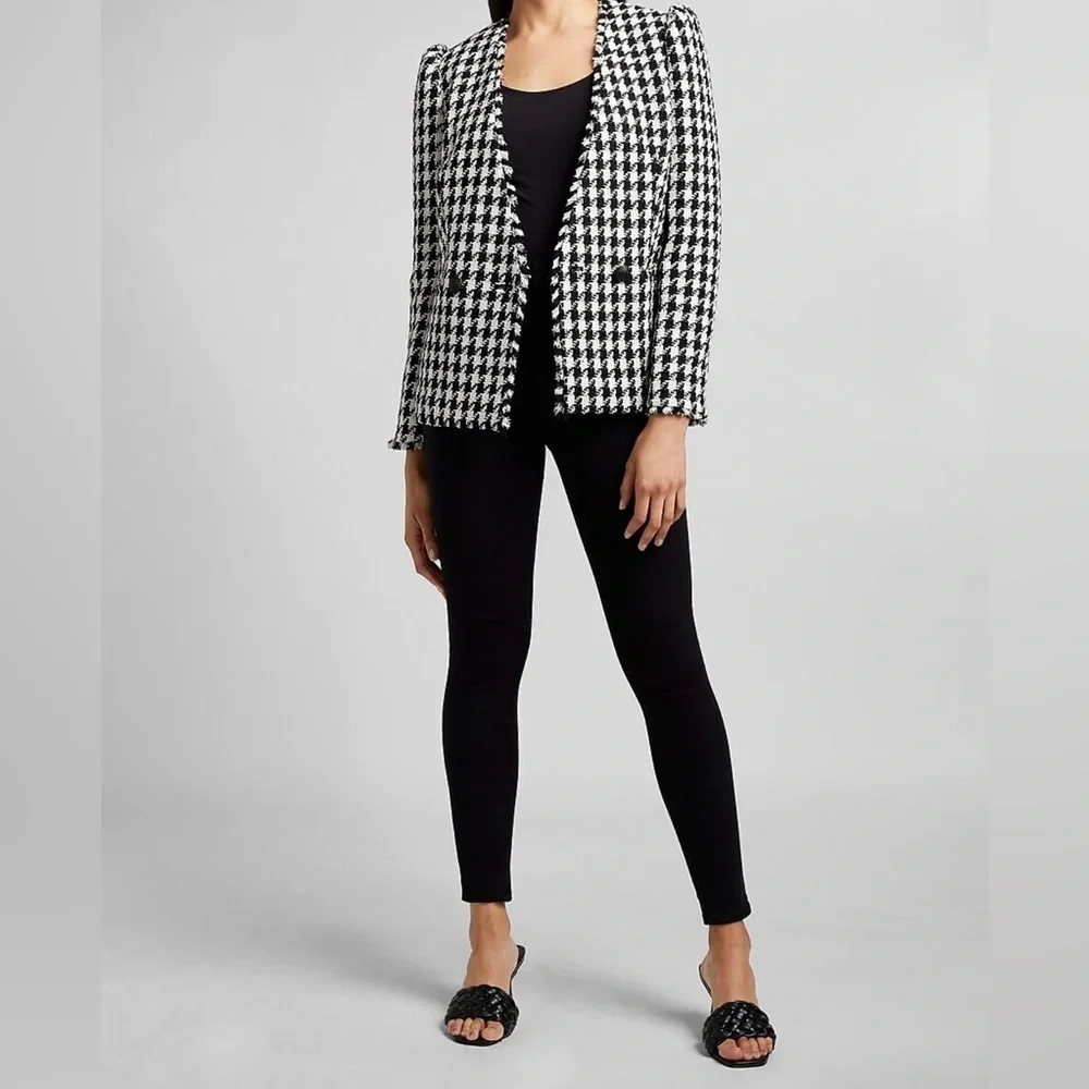 Express Black and White Houndstooth Double Breasted Tweed Blazer Size Medium